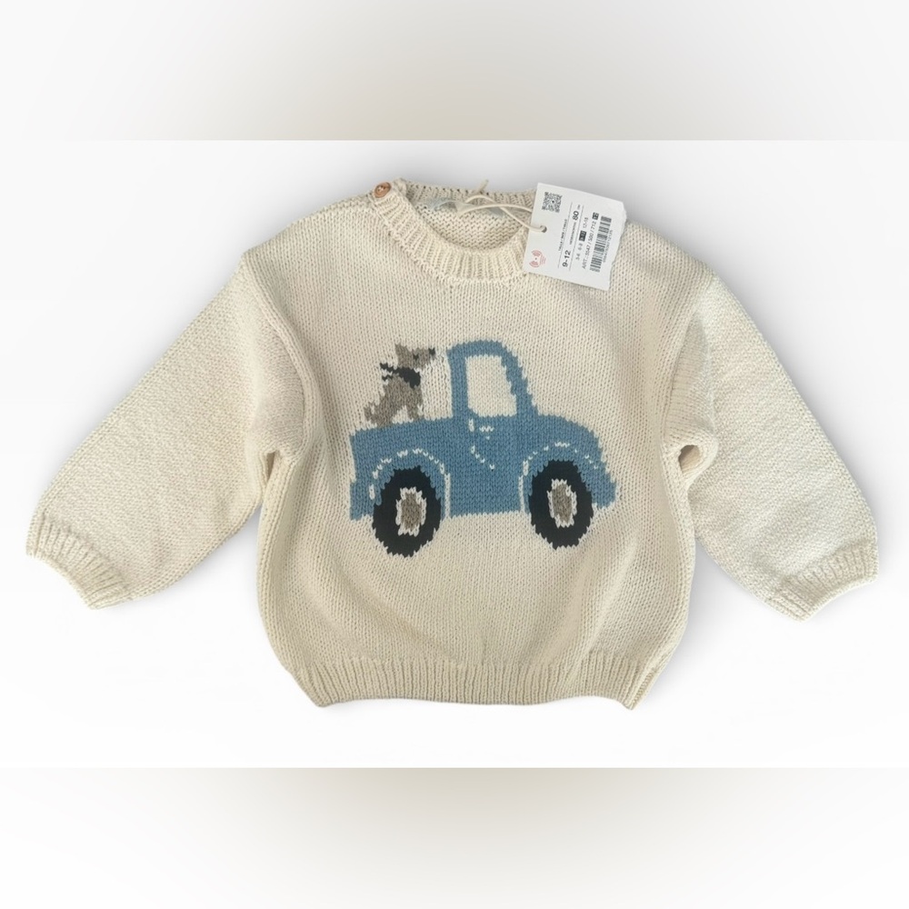 Zara Toddler Kids Baby Sweater Size 9-12 Months Blue Truck Scottish‎ Terrier Dog